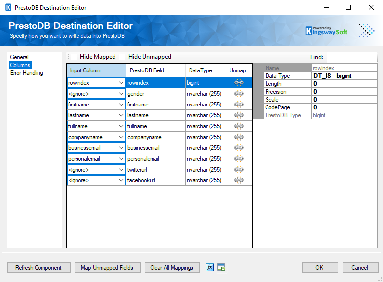 PrestoDB Destination - Columns